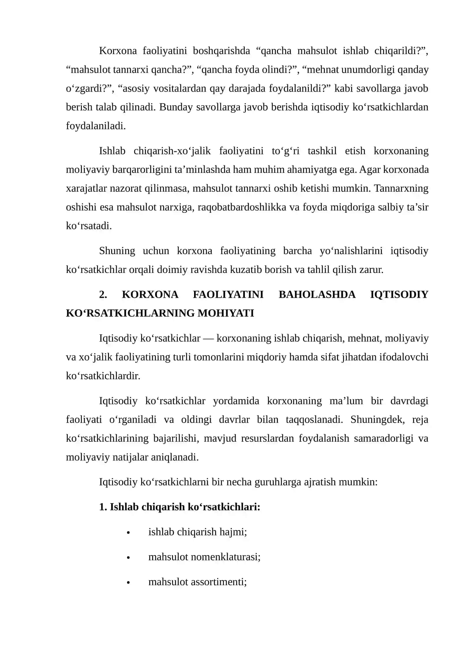 Korxonaning Ishlab Chiqarish-Xo‘jalik Faoliyatini Baholashda Iqtisodiy Ko‘rsatkichlarning O‘rni 4