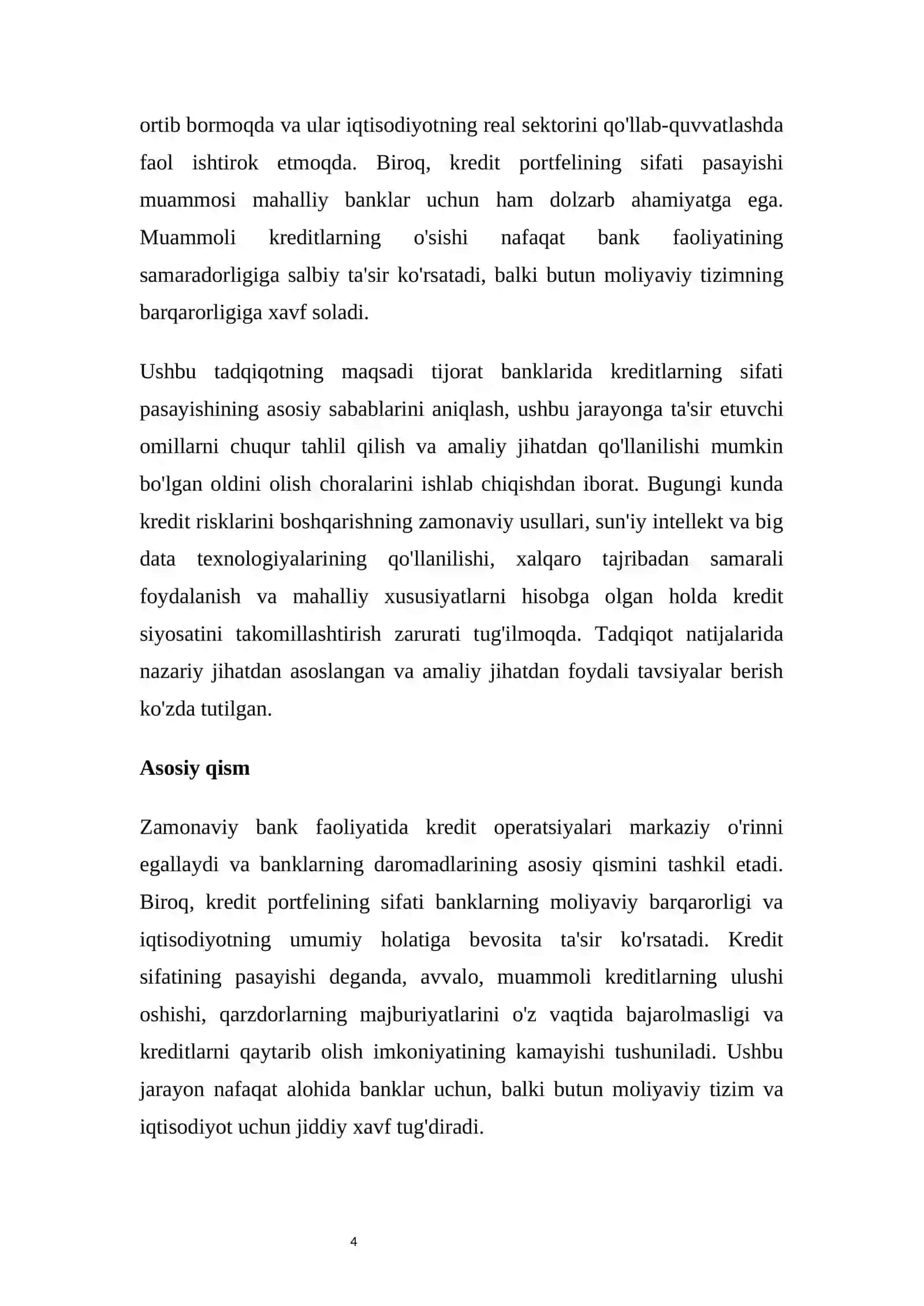 TIJORAT BANKLARIDA KREDITLARNING SIFATI PASAYISHI: SABABLAR VA OLDINI OLISH CHORALARI 4