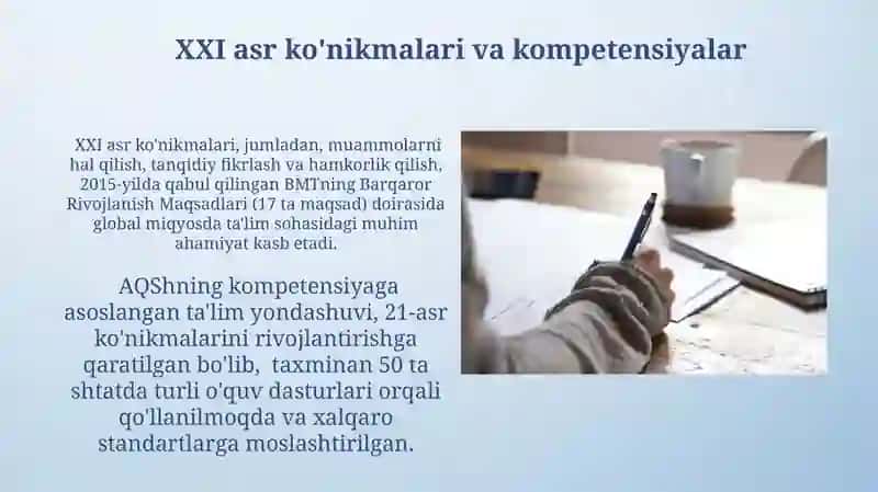 AQSh dars kompetensiyaviy yondashuvning falsafiy asoslari va ularning global maqsadi vazifalari 4