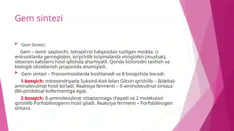 Eritrositlar yetilishi va gem sintezi, uning boshqarilishi. Eritrositlarda kechadigan metobolik jarayonlarning o'ziga xosligi 4