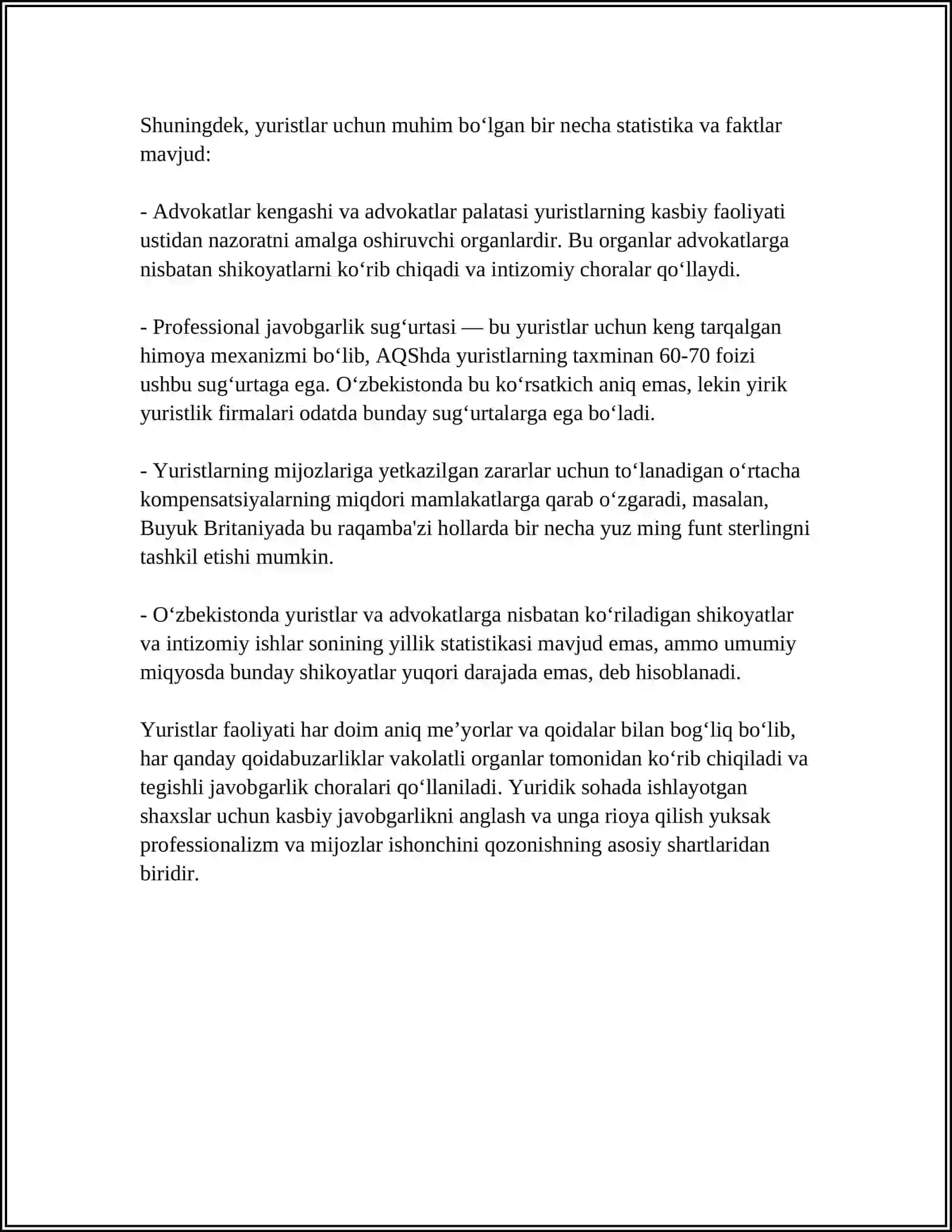 YURIDIK KASB EGALARINING PROFESSIONAL JAVOBGARLIGI. KASB AXLOQI TUSHUNCHASI. UMUMIY VA XUSUSIY JIHATLARI 4