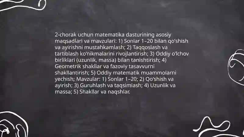 Boshlang'ich sinf matematika dasturining choraklar bo'yicha joylashuvi 4