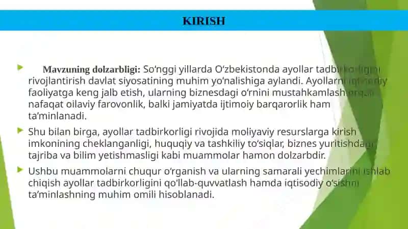 Ayollar tadbirkorligini rivojlantirish muommolari va yechimlari 4