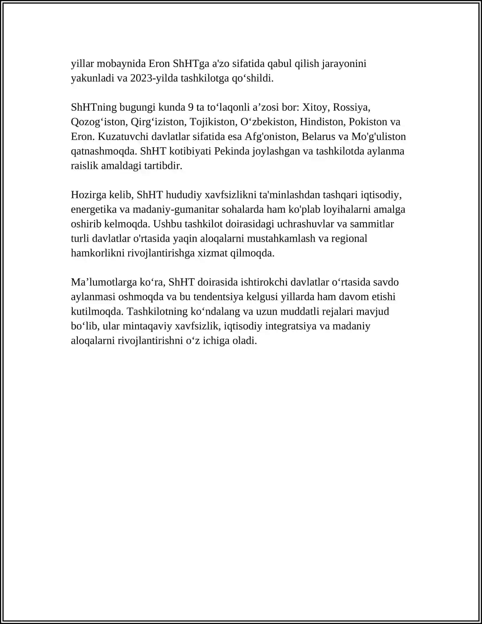 SHANXAY XALQARO HAMKORLIK TASHKILOTI REFERAT 4
