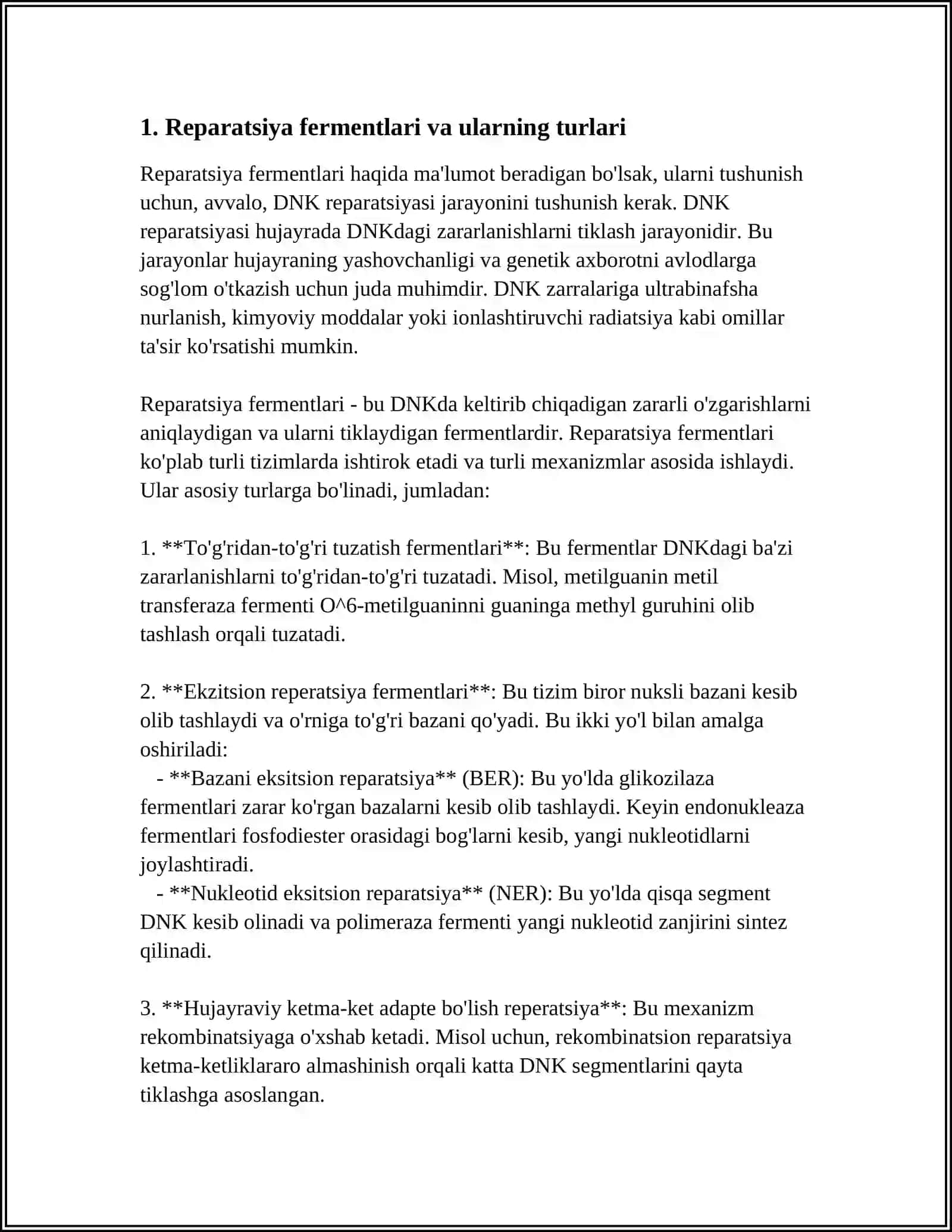 REPARATSIYA FERMENTLARI FAOLIYATINING XILMA-XILLIGI.NOALLEL GENLARNING OʻZARO TAʼSIRI.PLEYOTROPIYA 4