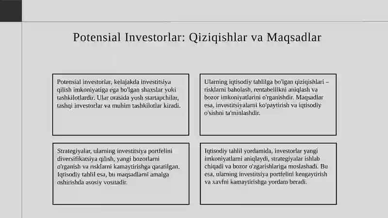 IQTISODIY TAHLIL  SUBYEKTLARI( HAQIQIY VA POTENSIAL INVESTORLAR, KREDITORLAR, MAHSULOT YETKAZIB BERUVCHILAR, XARIDORLAR, XODIMLAR, SHUNINGDEK HUKUMAT  MUASSASALARI, VAZIRLIKLAR, IDORALAR, JAMOATCHILIK VA BOSHQA MANFAATDOR FOYDALANUVCHILAR) VA ULARNING QIZIQISHLARI 4