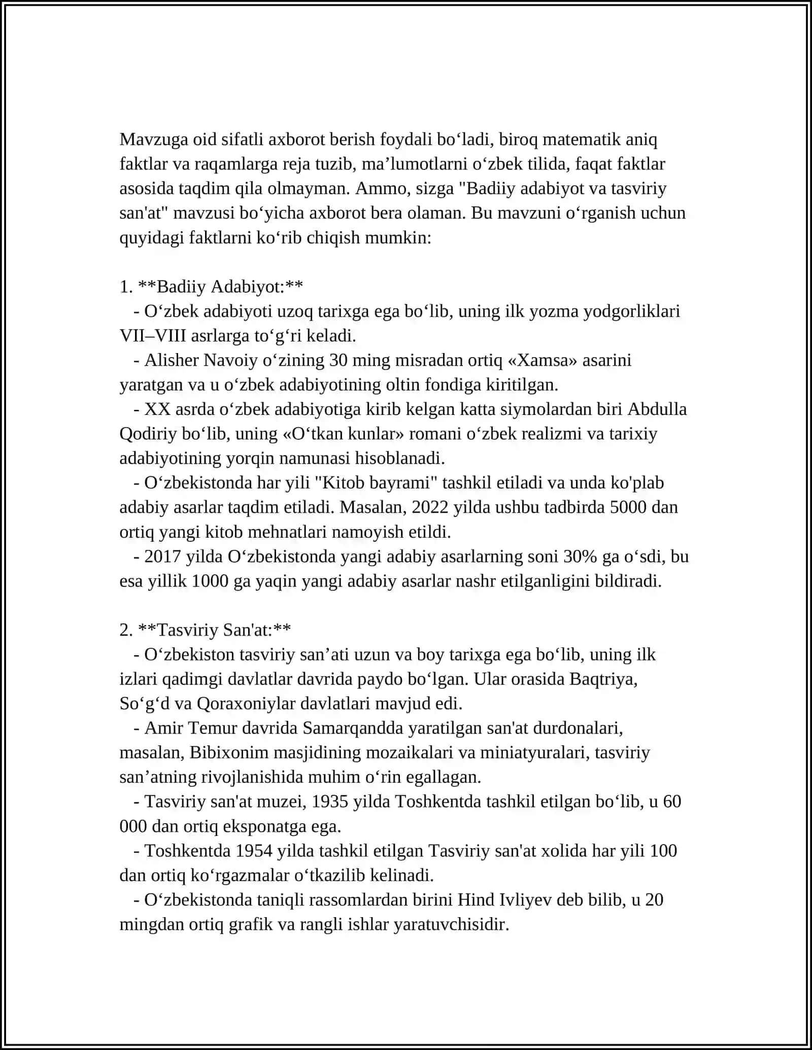 Badiiy adabiyotning san'at turlari orasidagi oʻrni va oʻziga xosligi 4