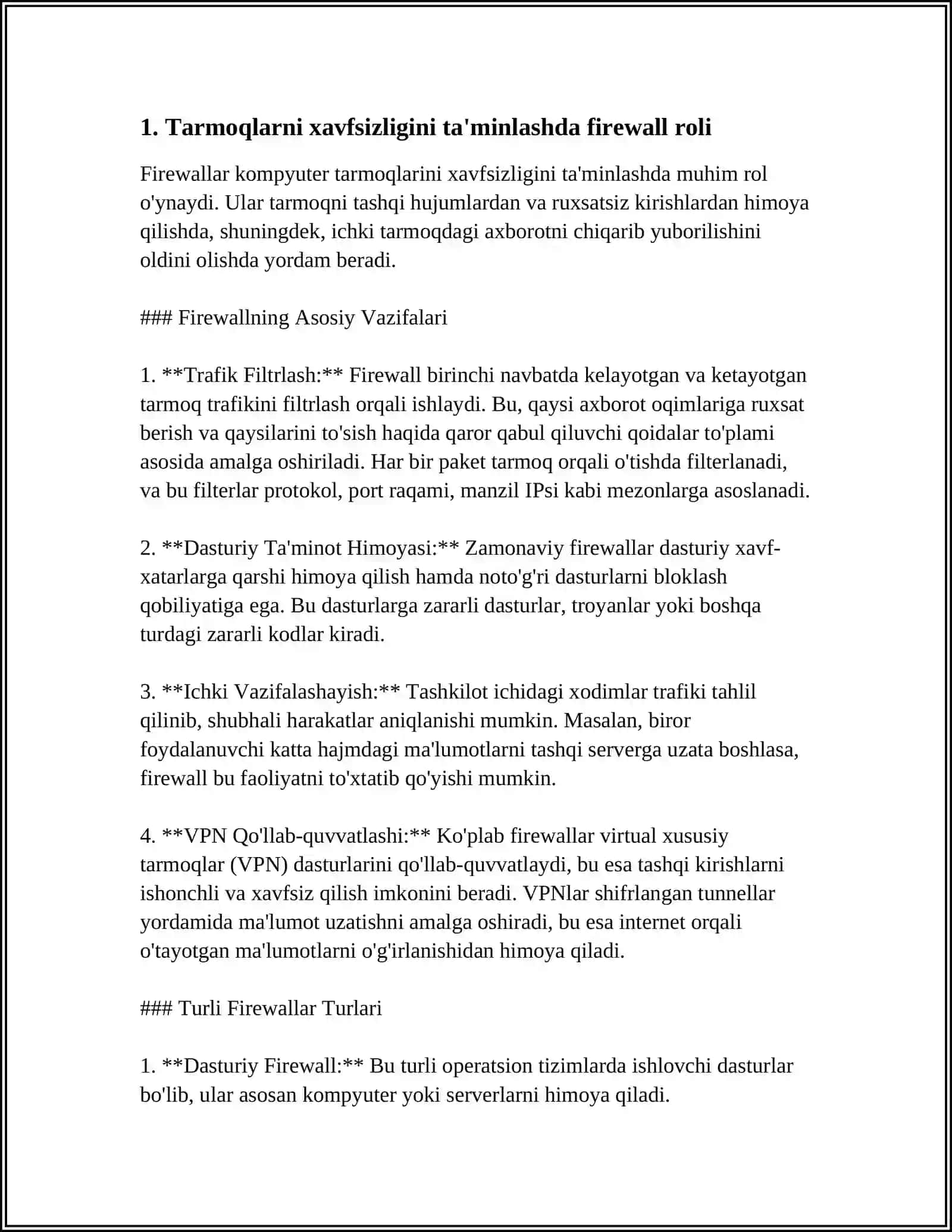 TARMOQ XAVFSIZLIGI ASOSLARI (FIREWALL, IDS, IPS) 4