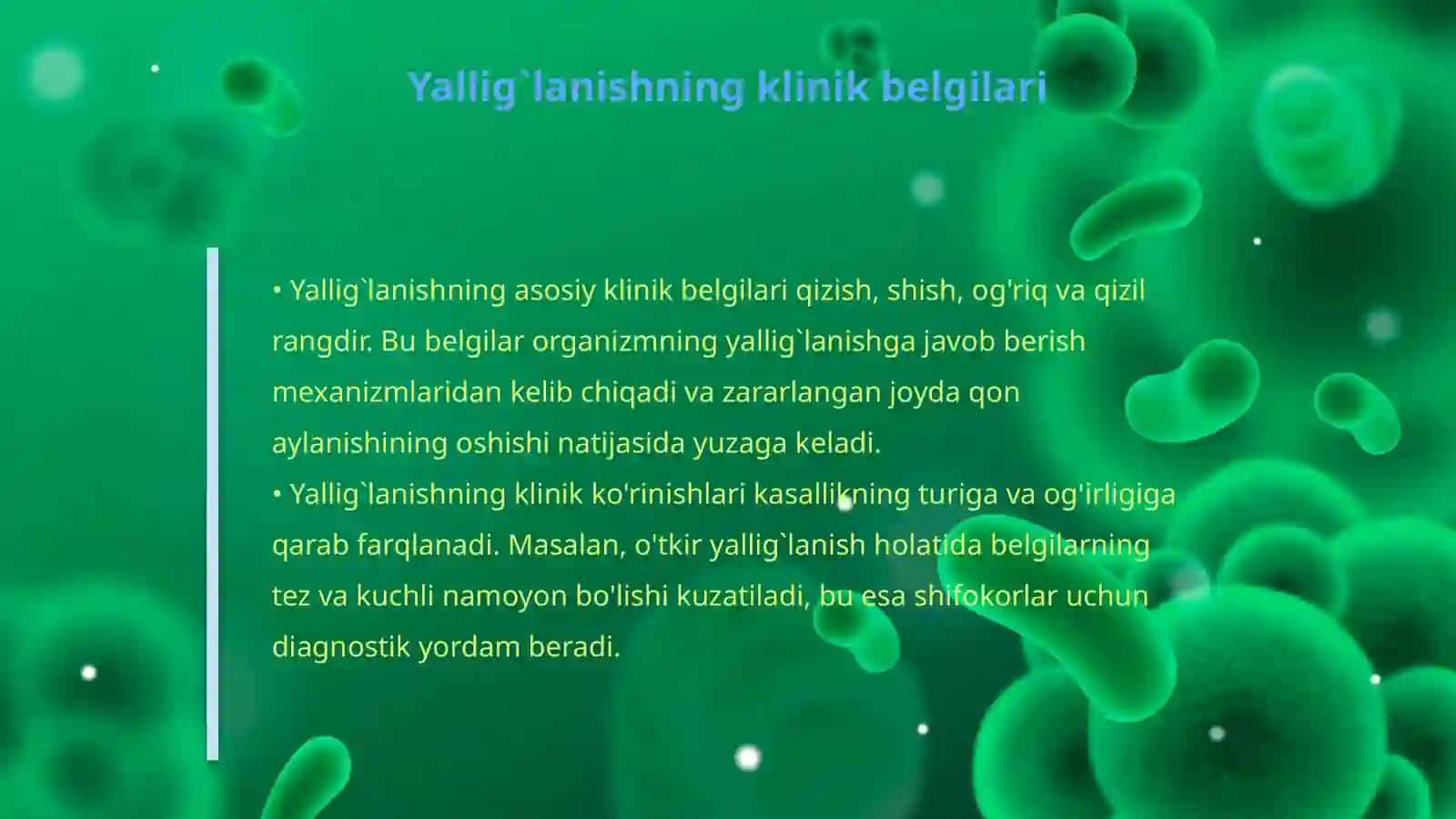 Yallig`lanishning umumiy klinik korinishlari.O`tkir faza javobi,etiologiyasi va patogenezi haqida tushuncha 4