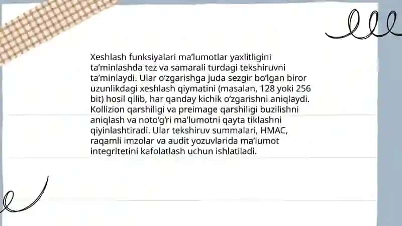 Kriptografik xeshlash funksiyalari va ularning ma'lumotlar yaxlitligini ta'minlashdagi roli 4