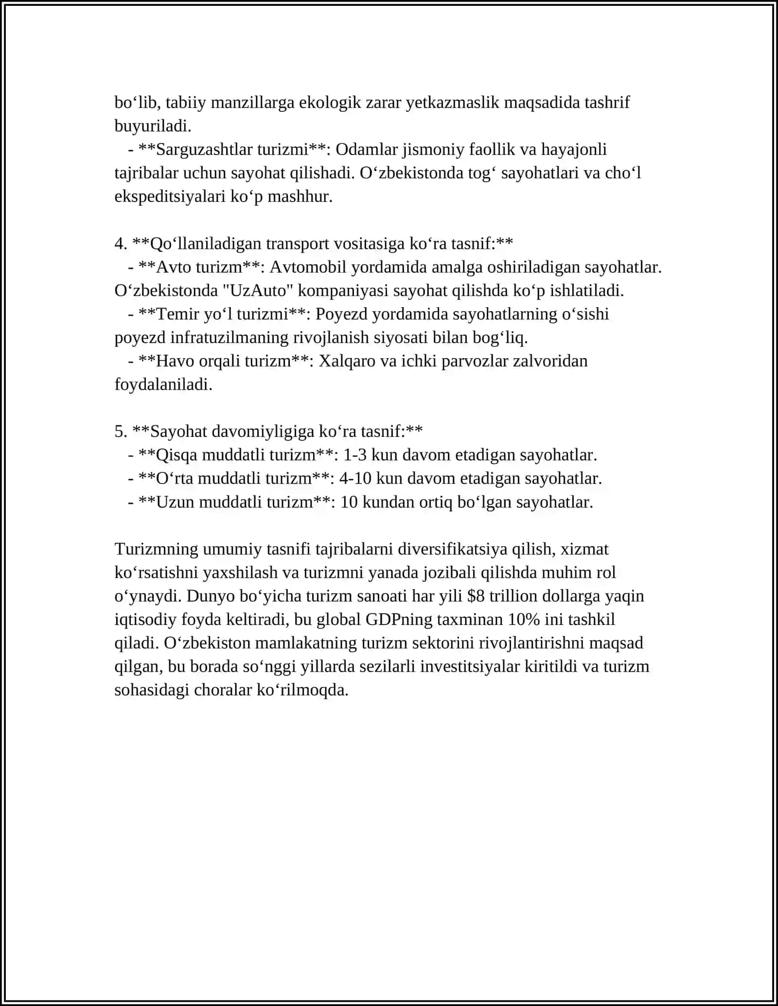 TURIZM SOHASINING TASNIFI VA TURLARI 4