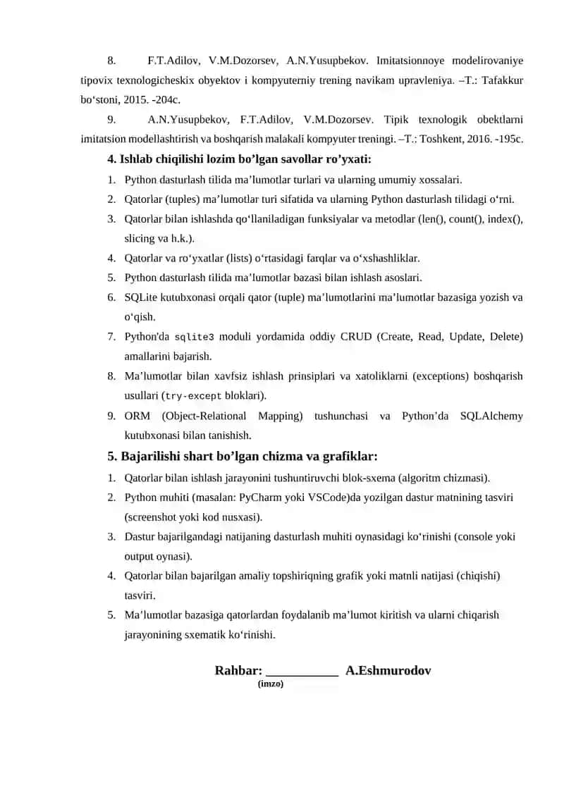PYTHON DASTURLASH TILIDA QATORLAR(TUPLES) 4