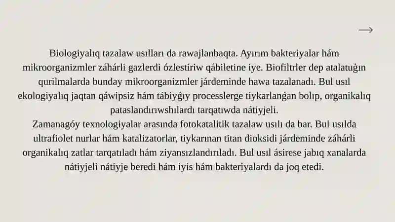 Hawanı záhárli gazlerden, hár qıylı shań bólekshelerinen tazalaw usılları 4