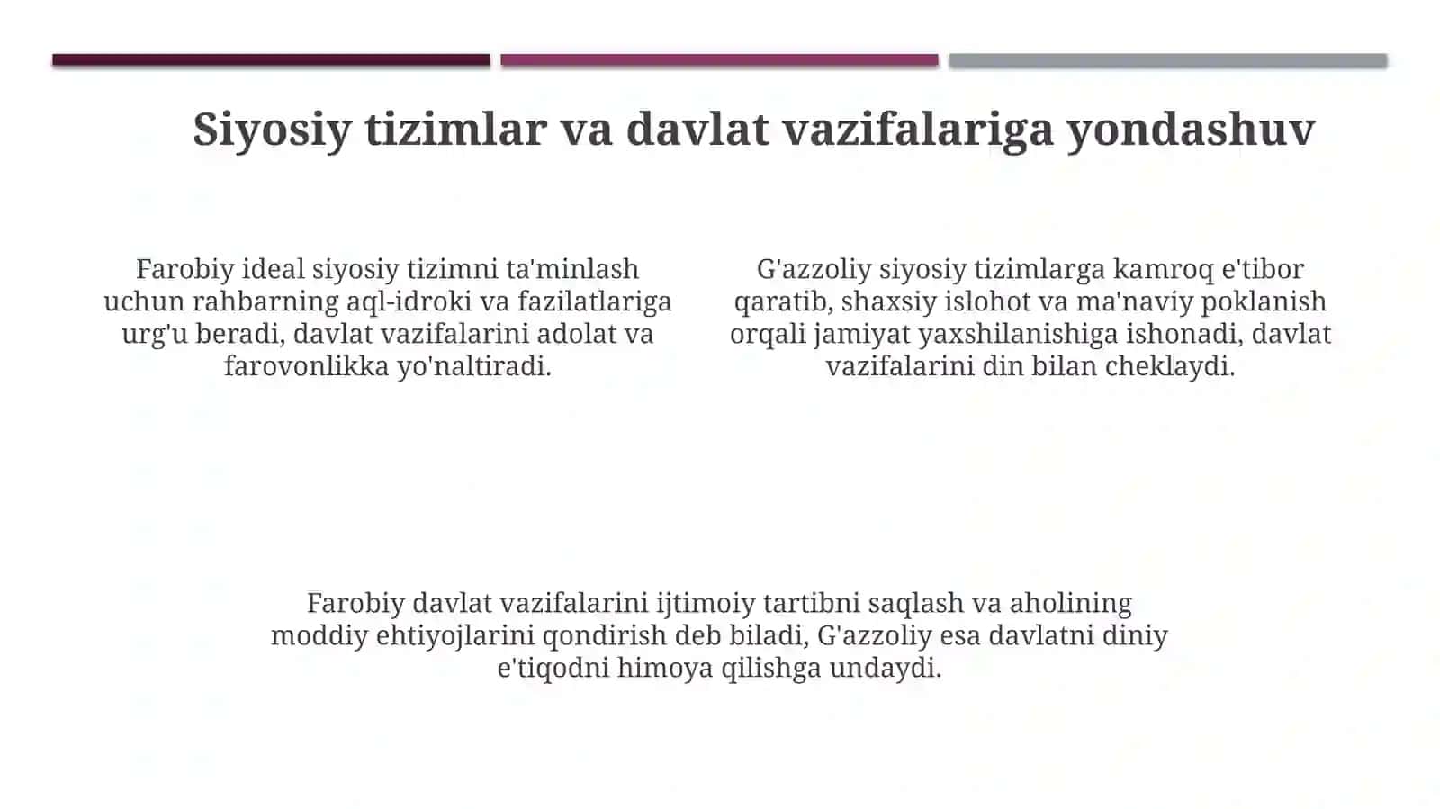 Forobiyning "Siyosat falsafasi" va Gʻazzoliyning "Kimyoi saodat" asarlari orasidagi farq 4