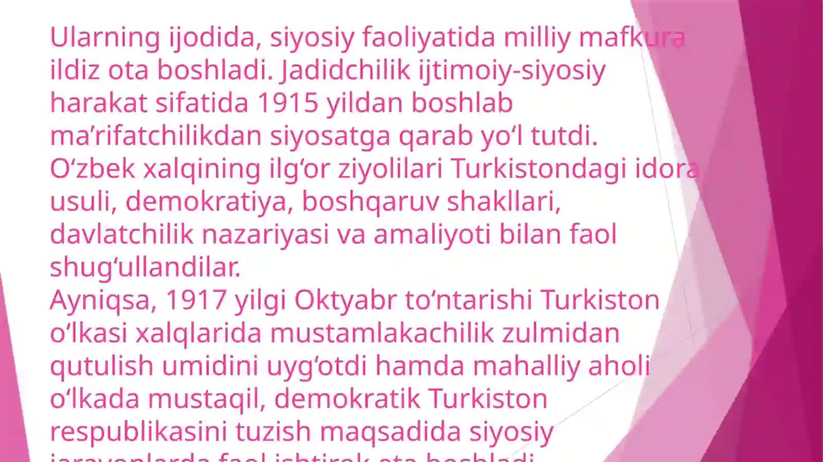 Jadidma’rifatparvarlariningo’lkaijtimoiy–ma’naviyhayotidatutgano’rni(munavvarqori,Fitrat,Behbudiy,Avloniyvaboshqalari) 4