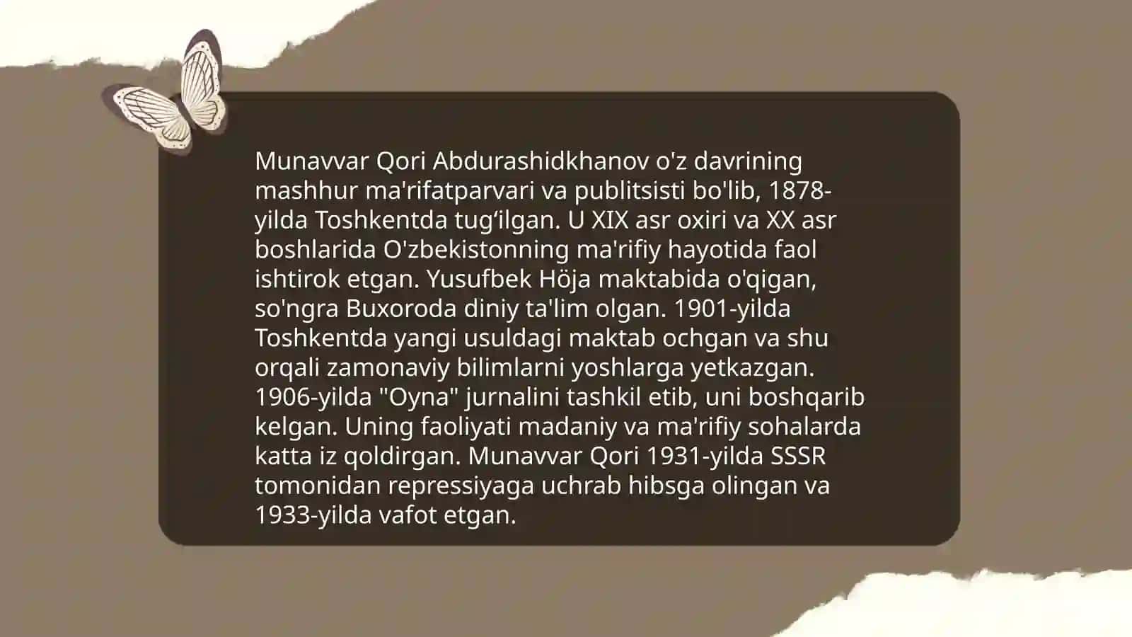 JADID MAʼRIFATPARVARLARINING OʻLKA IJTIMOIY-MAʼNAVIY HAYOTIDA TUTGAN OʻRNI (Munavvar Qori, Fitrat, Behbudiy va boshqalar) 4
