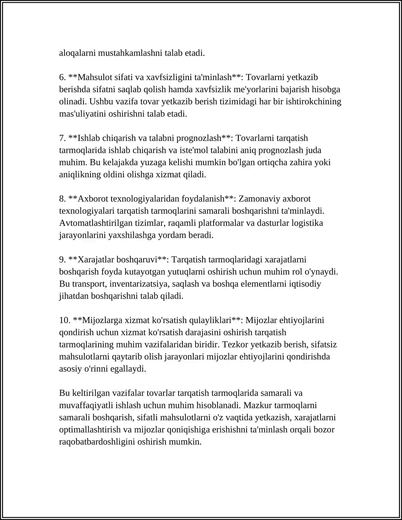 MUSTAQIL ISH Mavzu: TOVARLARNI TARQATISH TARMOQLARI XUSUSIYATLARI VA ULARNING TUZILISHI 4