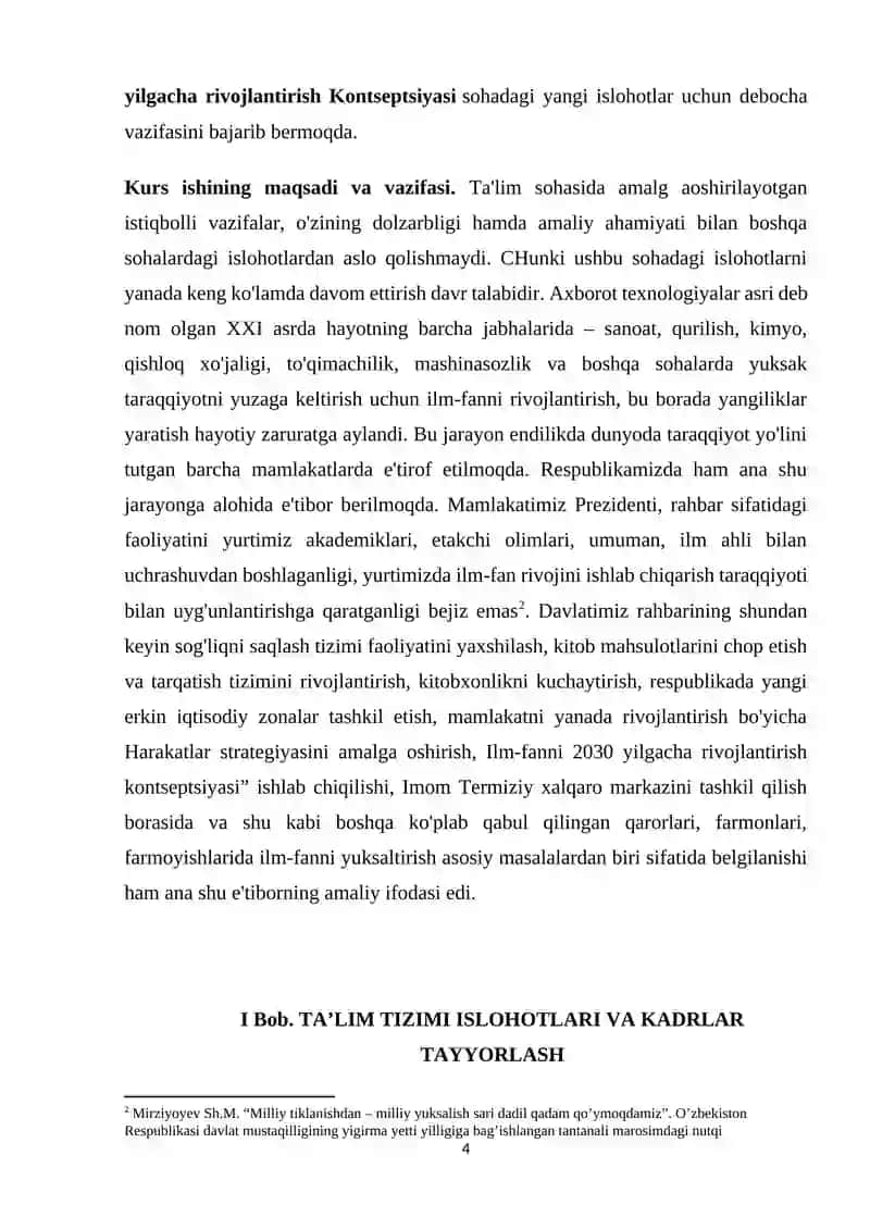 MUSTAQILLIK YILLARIDA TA'LIM SOHASIDA AMALGA OSHIRILGAN ISLOHOTLAR KURS ISHI 4