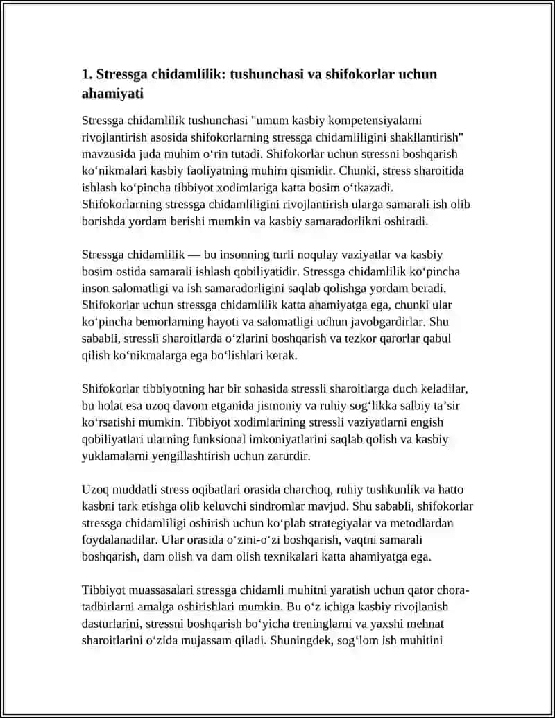 UMUM KASBIY KOMPETENSIYALARNI RIVOJLANTIRISH ASOSIDA SHIFOKORLARNING STRESSGA CHIDAMLILIGINI SHAKLLANTIRISH 4