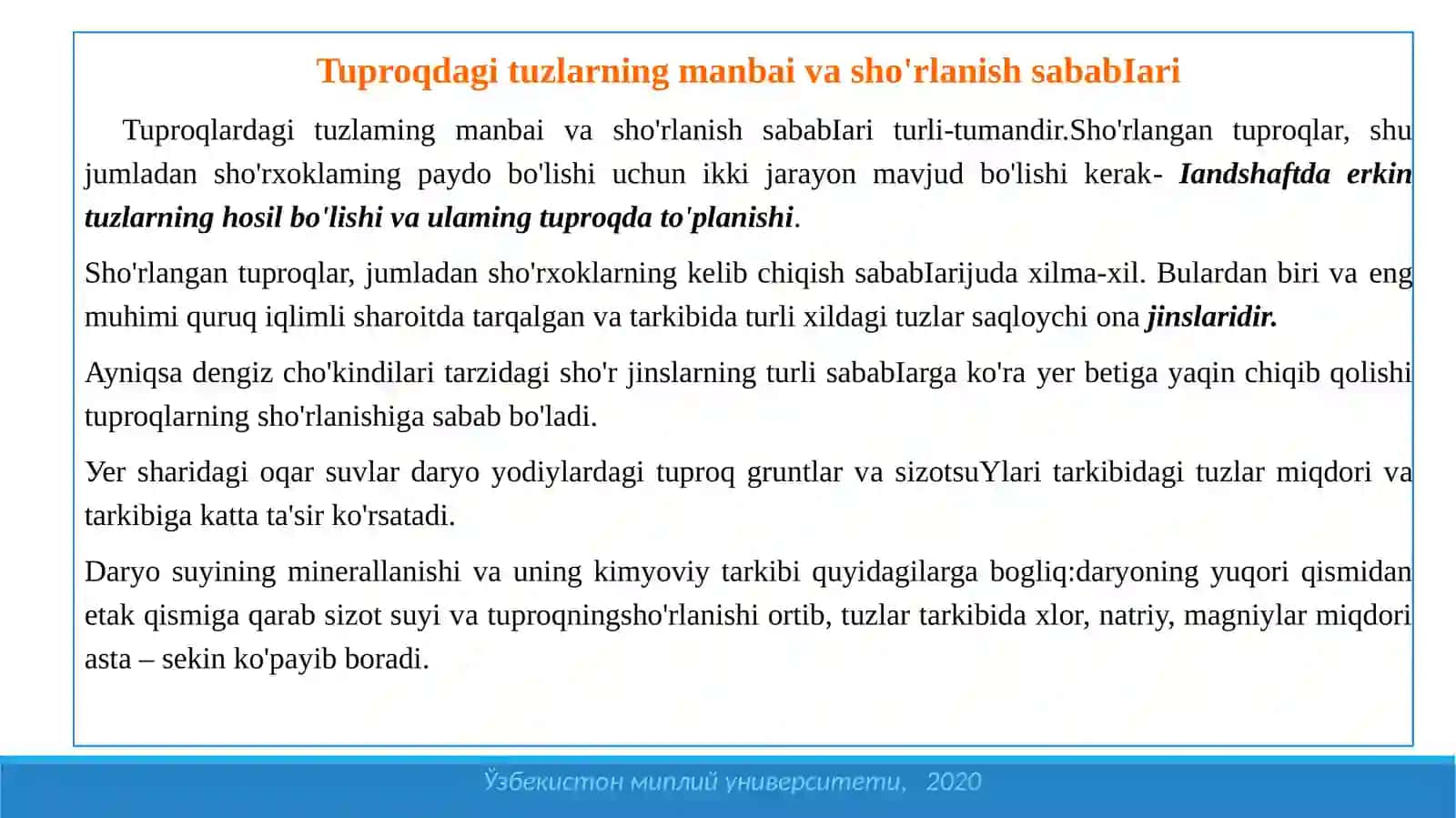 SHO'RLANGAN TUPROQLAR (SHO'RXOKLAR, SHO'RXOKSIMON TUPROQLAR VA SHO'RTOBLAR) 4