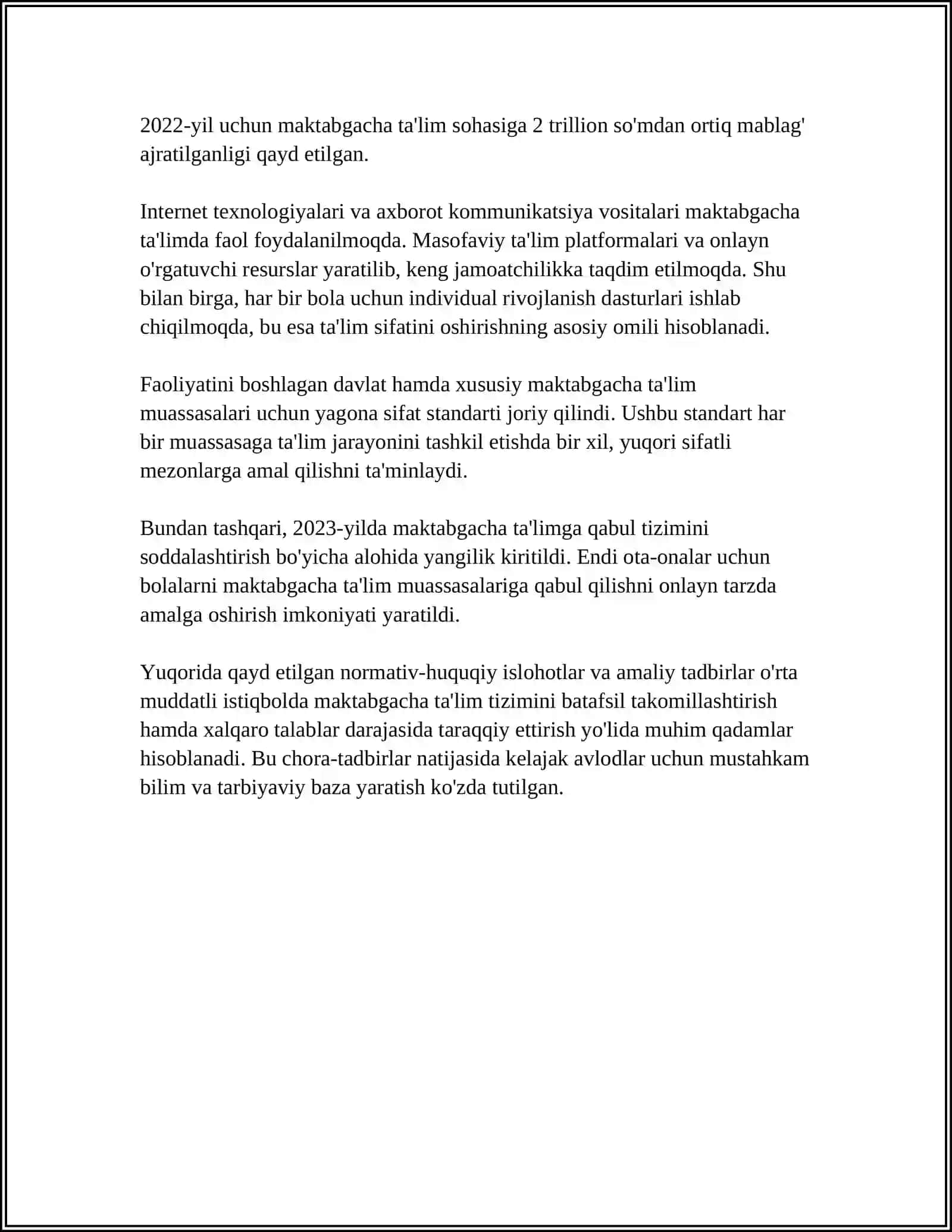 Oʻzbekiston Respublikasi da Maktabgacha Taʼlim Tizimidagi Islohlar 4