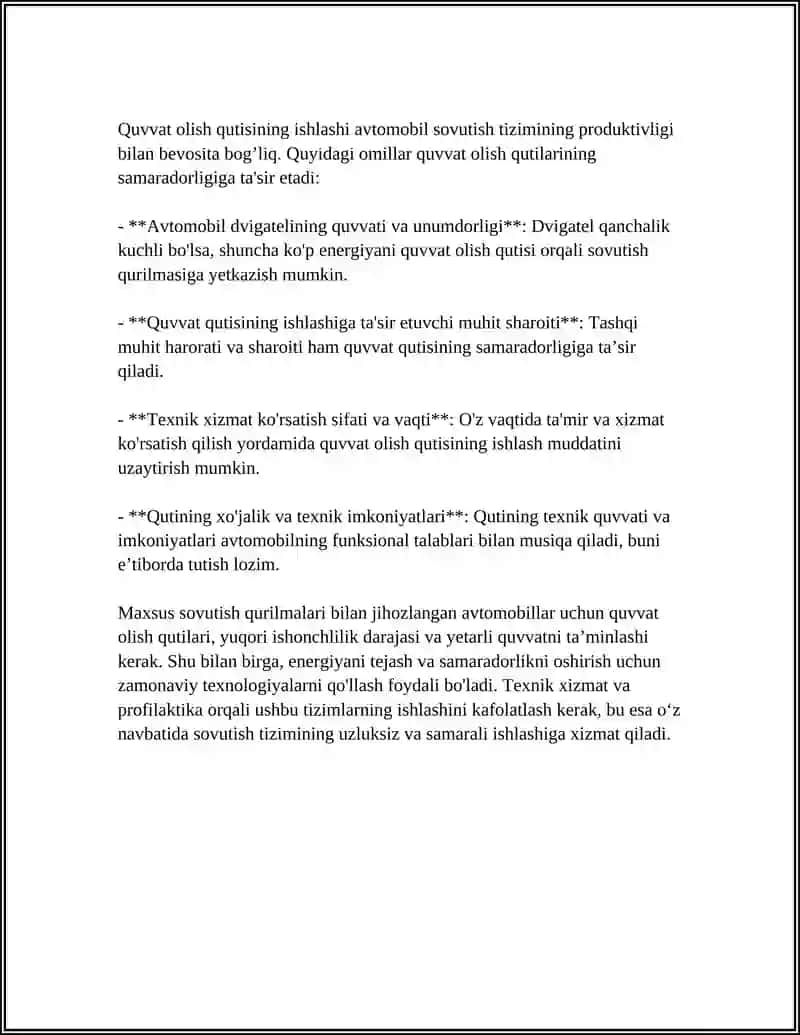 MAXSUS SOVUTISH QURILMASI BN JIHOZLANGAN AVTOMABILLARDA QUVVAT OLISH QUTILARDAN FOYDALANISH HUSUSIYATLARI 4