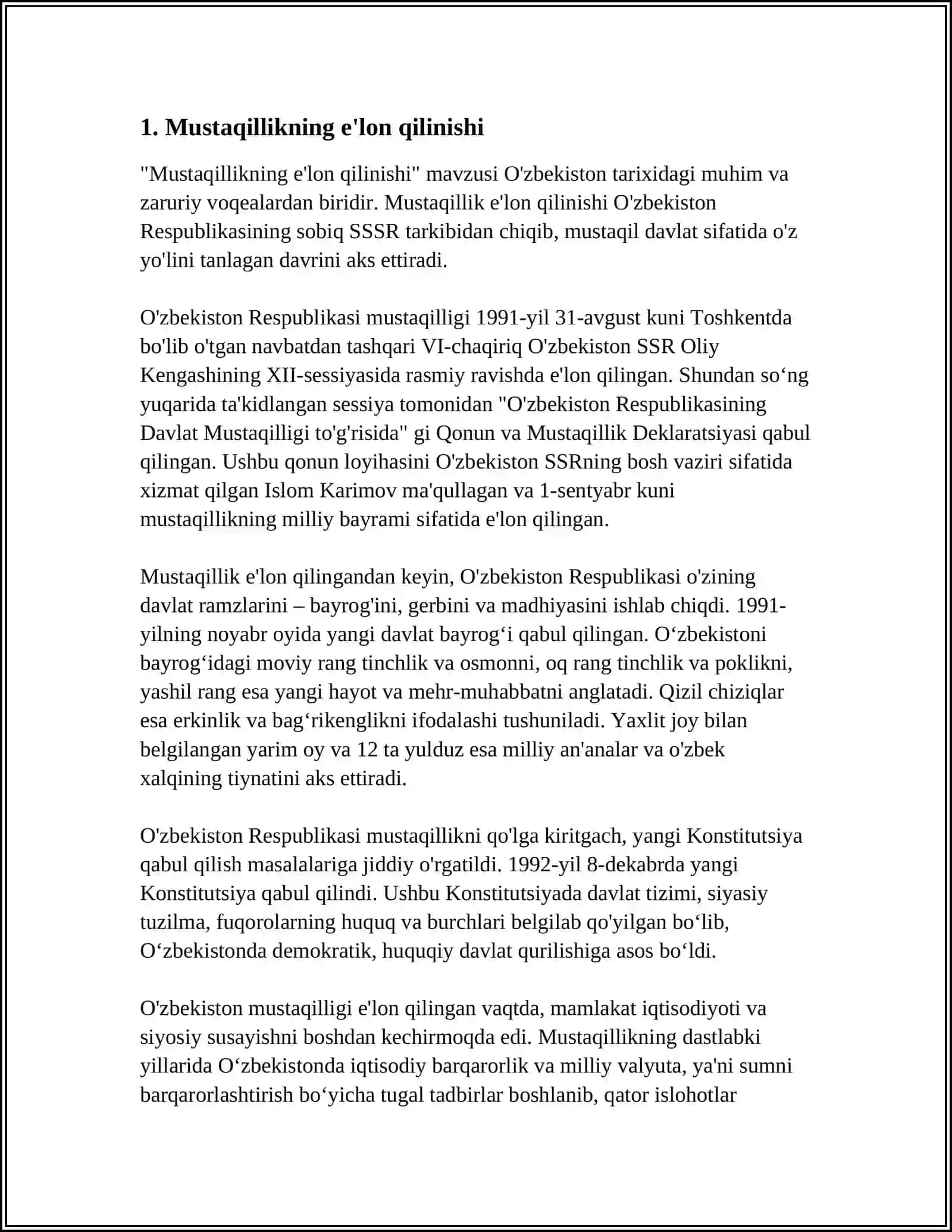 MUSTAQIL OʻZBEKISTON RESPUBLIKASINING TASHKIL TOPISHI VA UNING TARIXIY AHAMIYATI OʻZBEKISTONNING OʻZIGA XOS ISTIQLOL VA TARAQQIYOT YOʻLI 4