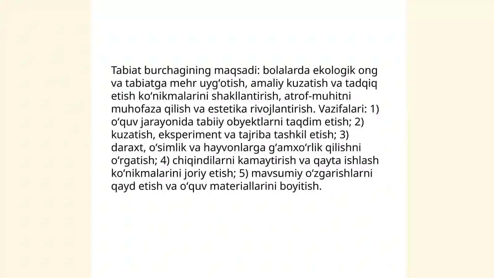 Tabiat burchagini tashkil etish mohiyati va unga qoʻyiladigan talablar 4