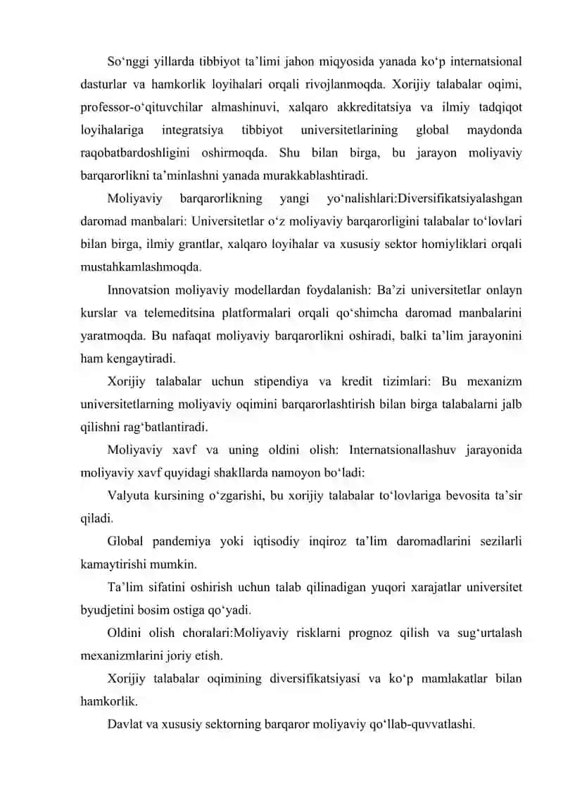 TIBBIYOT TA’LIMINING INTERNATSIONALLASHUVI JARAYONIDA MOLIYAVIY BARQARORLIK MASALALARI 4