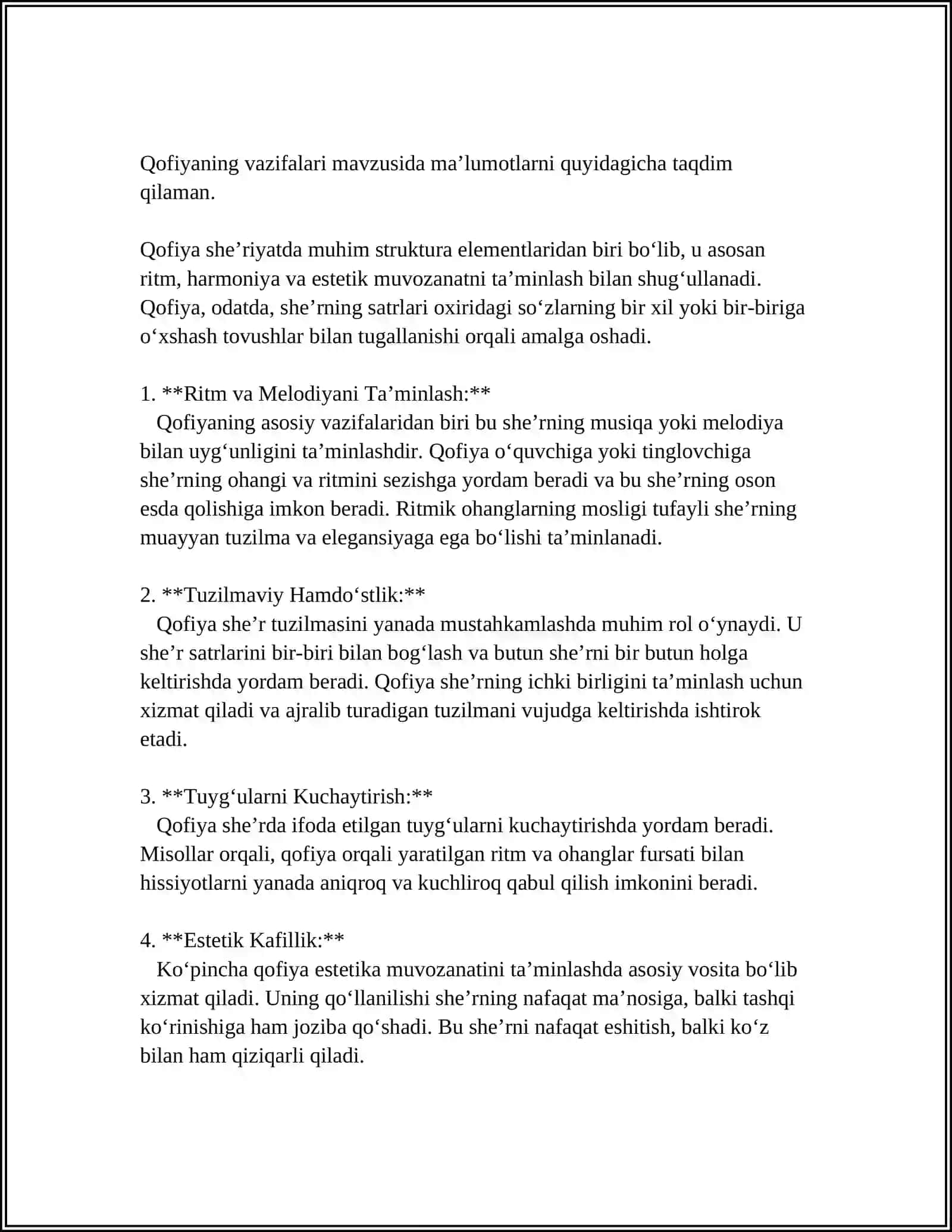 REFERAT Mavzu: SHE'RIY MATNDA QOFIYANING VAZIFALARI 4
