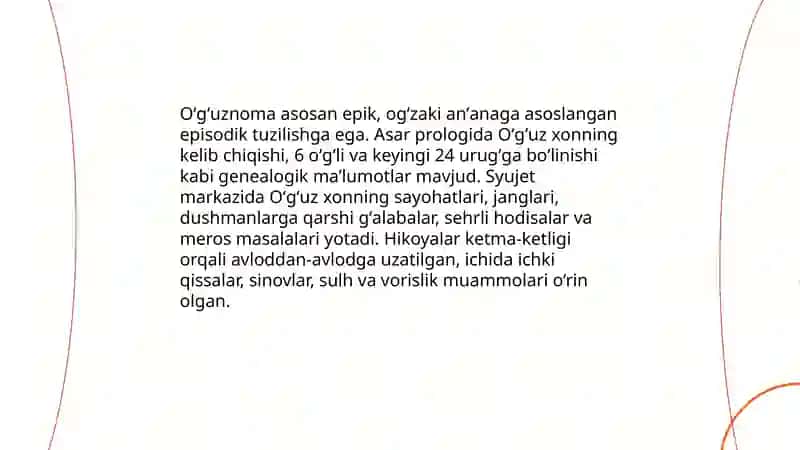 Islomgacha boʻlgan davrdagi qadimgi turkiy adabiyoti:"Oltin yorugʻ","Oʻgʻuznoma","Irq bitigi" 4