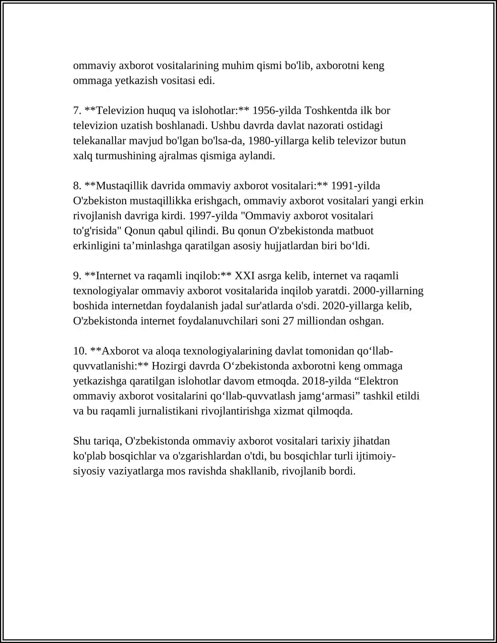 O'ZBEKISTON RESPUBLIKASIDA OMMAVIY AXBOROT VOSITALARINING FAOLIYATI 4