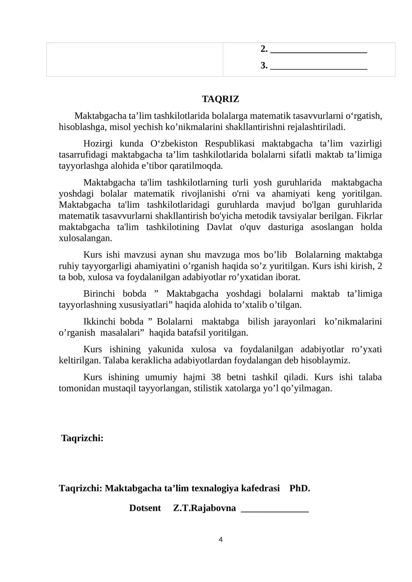 Kurs ishi: Bolalarning maktabga ruhiy tayyorgarligi ahamiyati 4