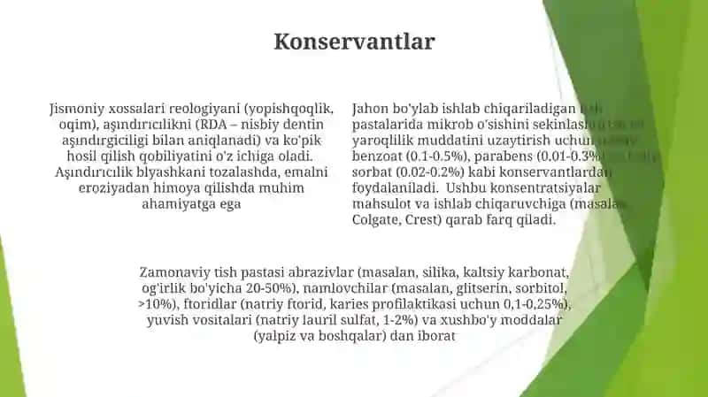 Zamonaviy tish pastalari kimyoviy tarkibi va xususyatlari 4