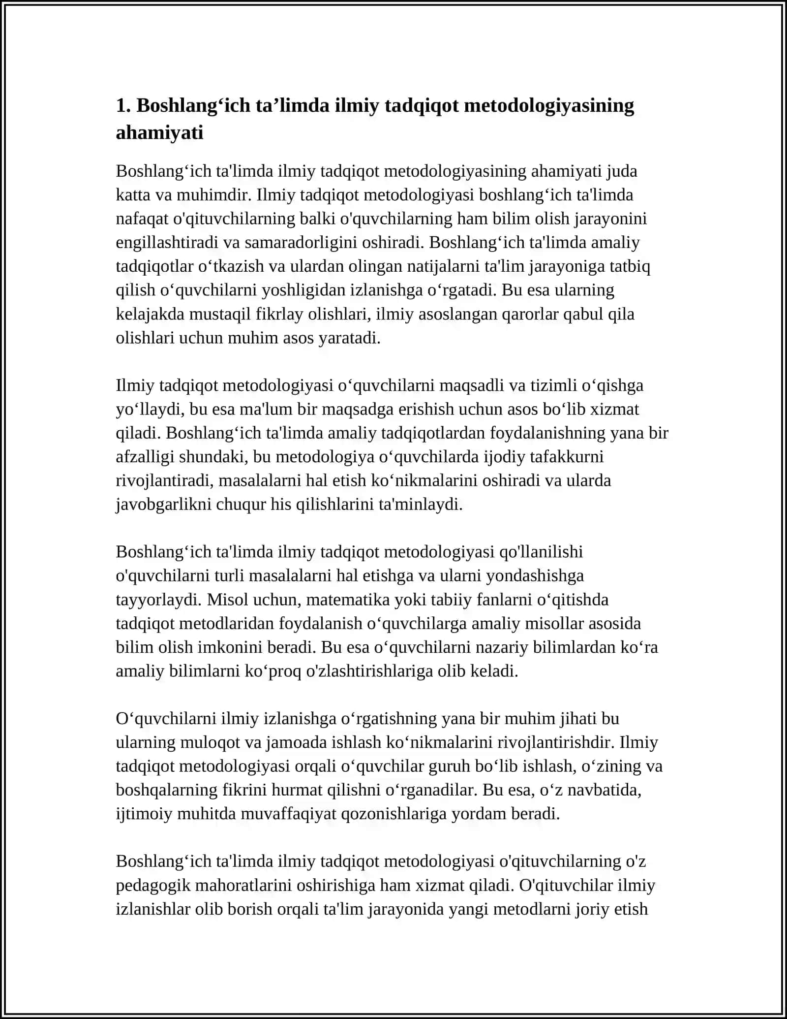 BOSHLANGʻICH TAʼLIM TIZIMIDA ILMIY TADQIQOT METODOLOGIYASI MAVZUSI BOʻYICHA REFERAT 4