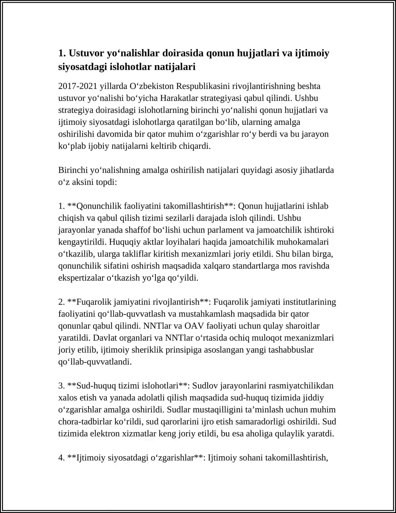 2017-2021 YILLARDA O‘ZBEKISTON RESPUBLIKASINI RIVOJLANTIRISHNING BESHTA USTUVOR YO‘NALISHI BO‘YICHA HARAKATLAR STRATEGIYASINING HAYOTGA TATBIQ ETILISHI VA UNING NATIJALARI 4
