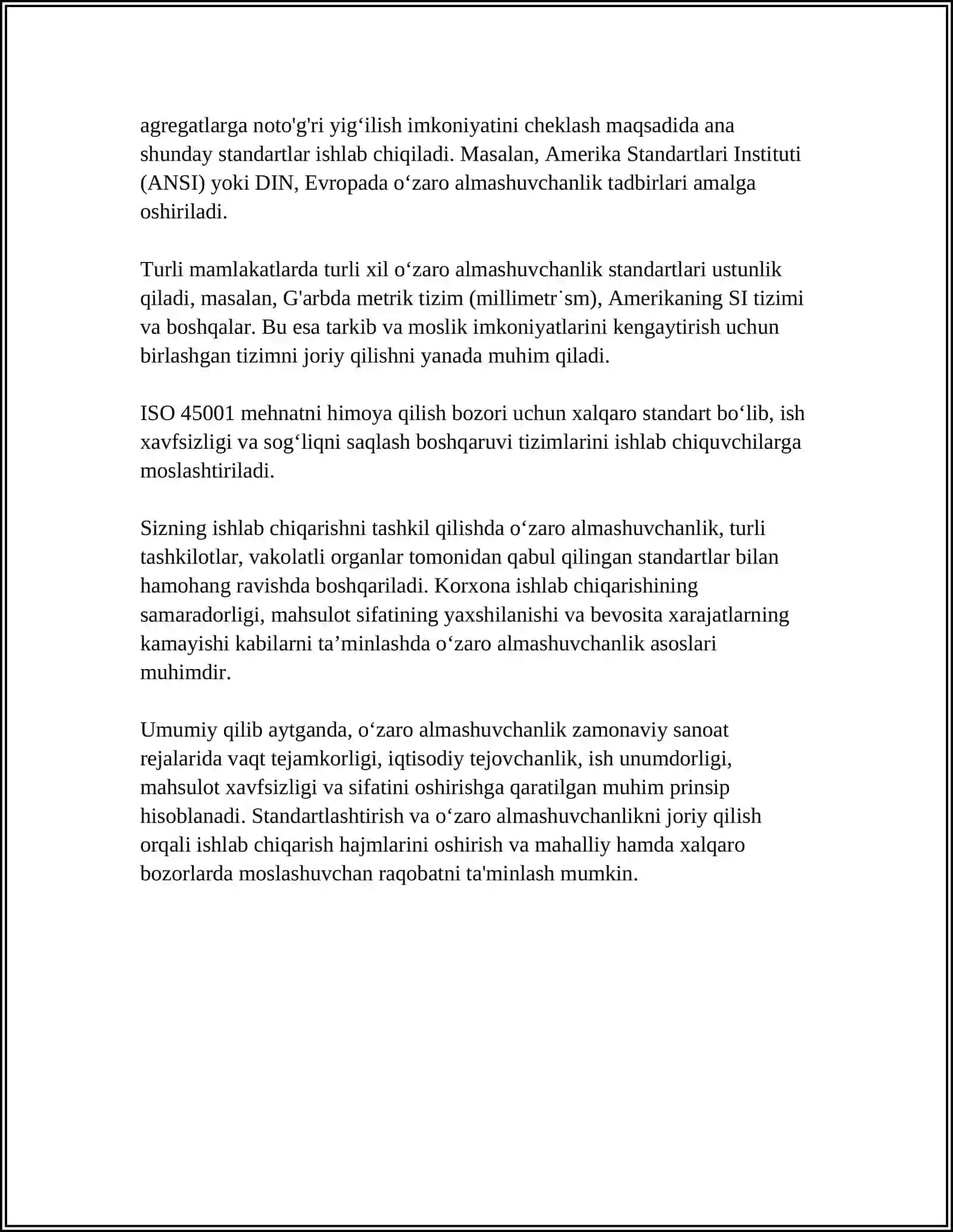 MASHINASOZLIKDA OʻZARO ALMASHUVCHANLIK. OʻZARO ALMASHUVCHANLIK TURLARI. ULASH VOSITALARINING METROLOGIK KOʻRSATKICHLARI 4