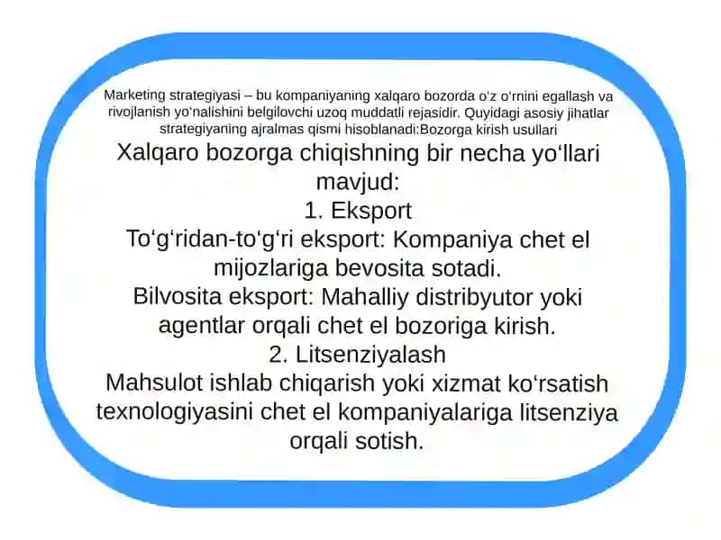 Xalqaro bozorga kirishda marketing strategiyasi va taktikasi 4