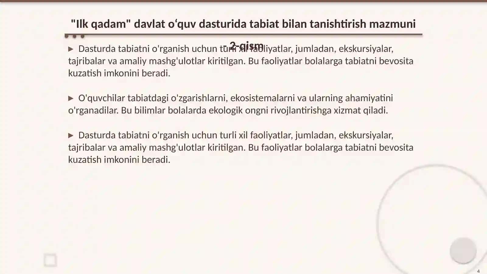 "Ilk qadam" davlat o‘quv dasturida tabiat bilan tanishtirish mazmuni 4