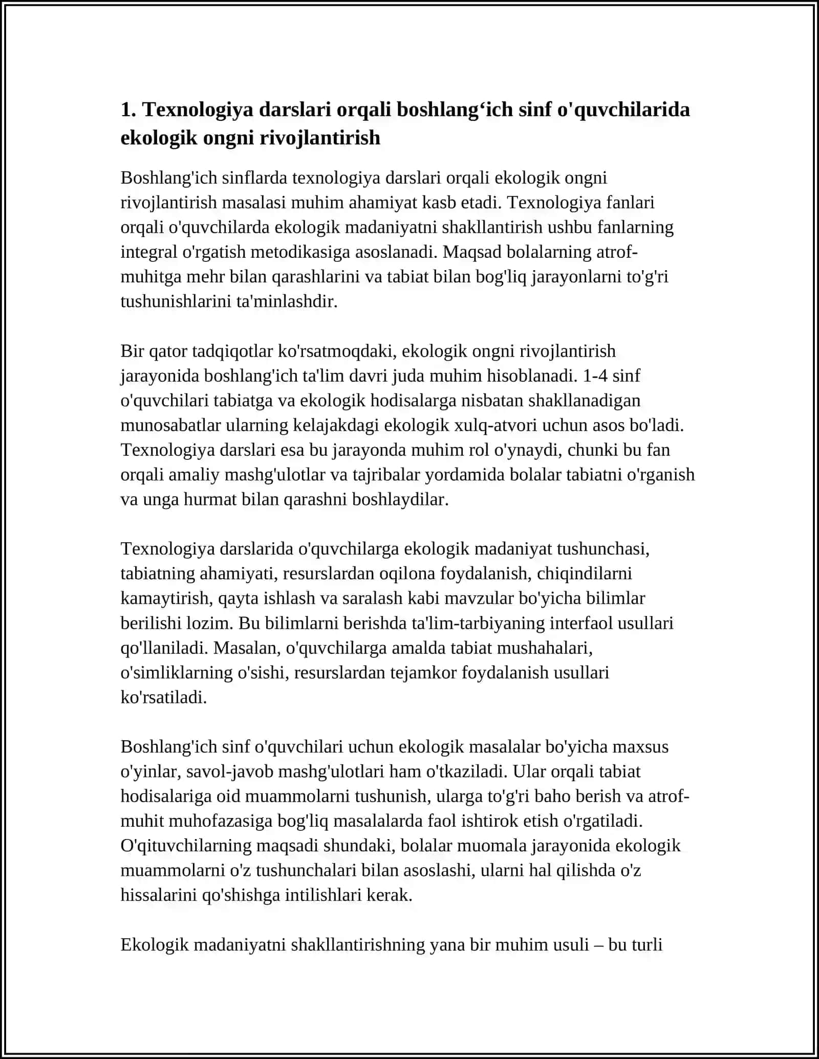 BOSHLANGʻICH SINFLARDA TEXNOLOGIYA DARSLARI ORQALI EKOLOGIK MADANIYATNI SHAKLLANTIRISH 4