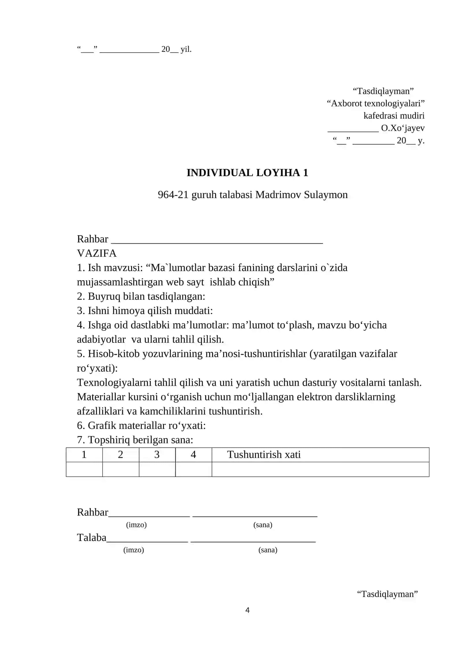 Ma`lumotlar bazasi fanining darslarini o`zida mujassamlashtirgan web sayt ishlab chiqish 4