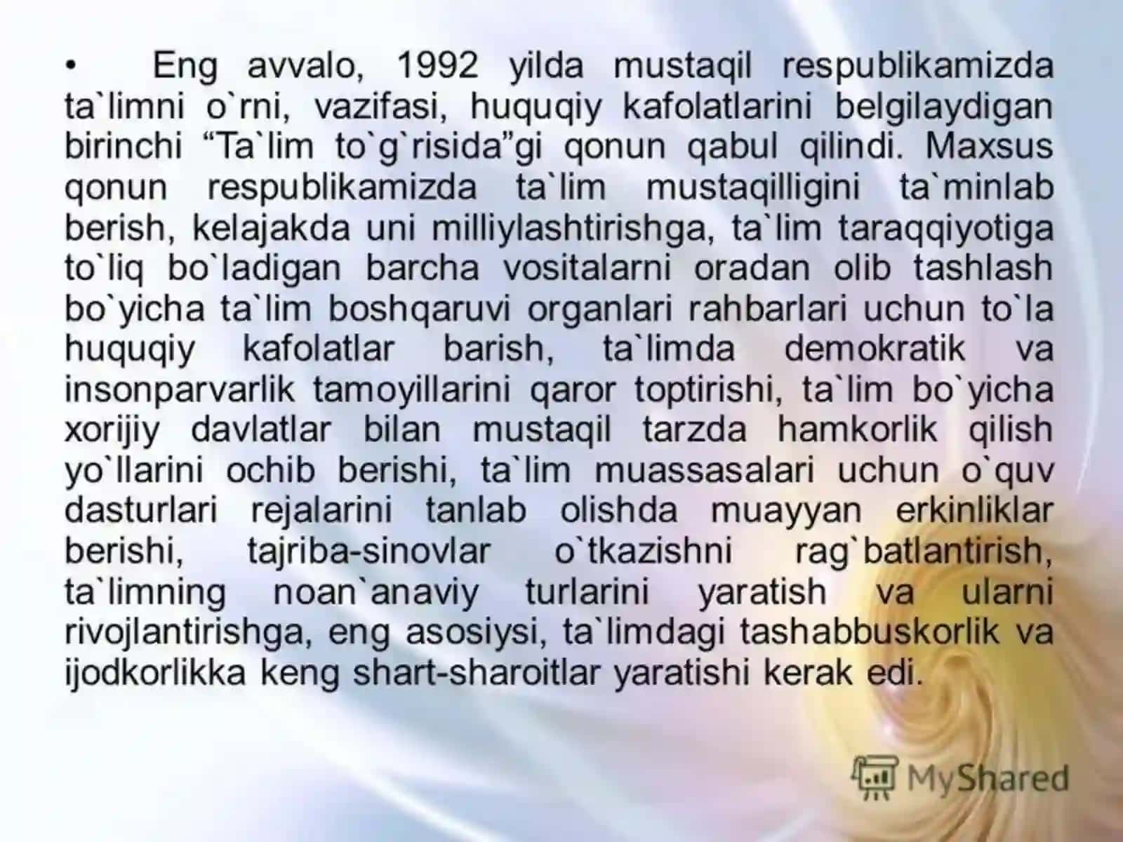 MUSTAQILLIK YILLARIDA TA'LIM TARBIYA TAYYORLDAI:TOJIBOYEVA DINORA 19/3 GURUH 4
