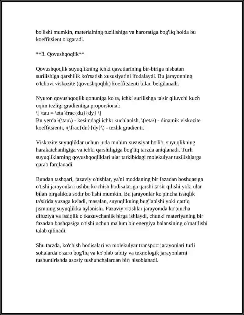 KO'CHISH HODISALARI.DIFFUZIYA.ISSIQLIK O'TKAZUVCHANLIK VA QOVUSHQOQLIK.FAZOVIY O'TISHLAR 4