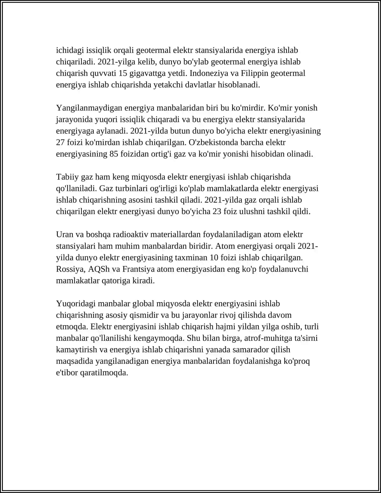 ELEKTR ENERGIYASI UNI XOSIL QILISHNING USULLARI. SANOAT ELEKTROENERGETIKASINING PAYDO BOʻLISHI VA RIVOJLANISH BOSQICHLARI 4