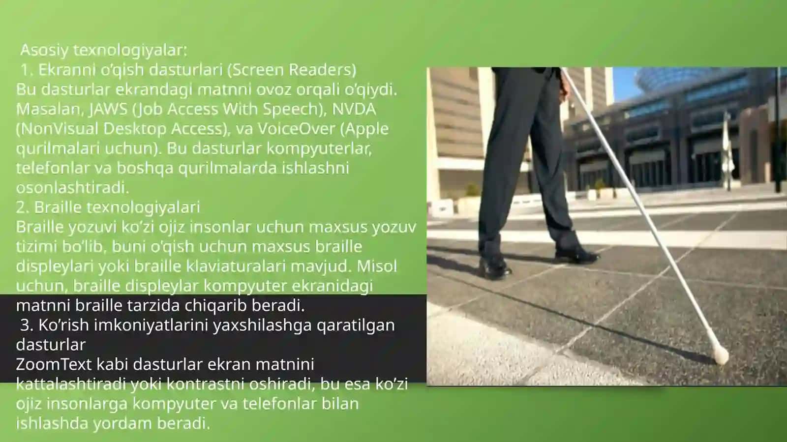 Ko’zi ojiz insonlar foydalanadigan texnik vositalarining turlari xususiyatlari va ularga qo’yilgan talablar 4