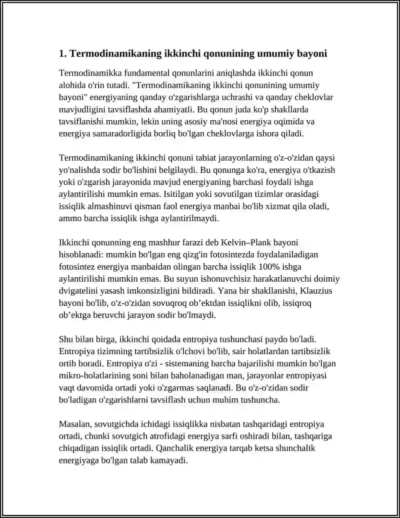 TERMODINAMIKANING IKKINCHI QONUNI. ENTROPIYANING FIZIK MA'NOSI. TERMODINAMIKANING UCHINCHI QONUNI 4