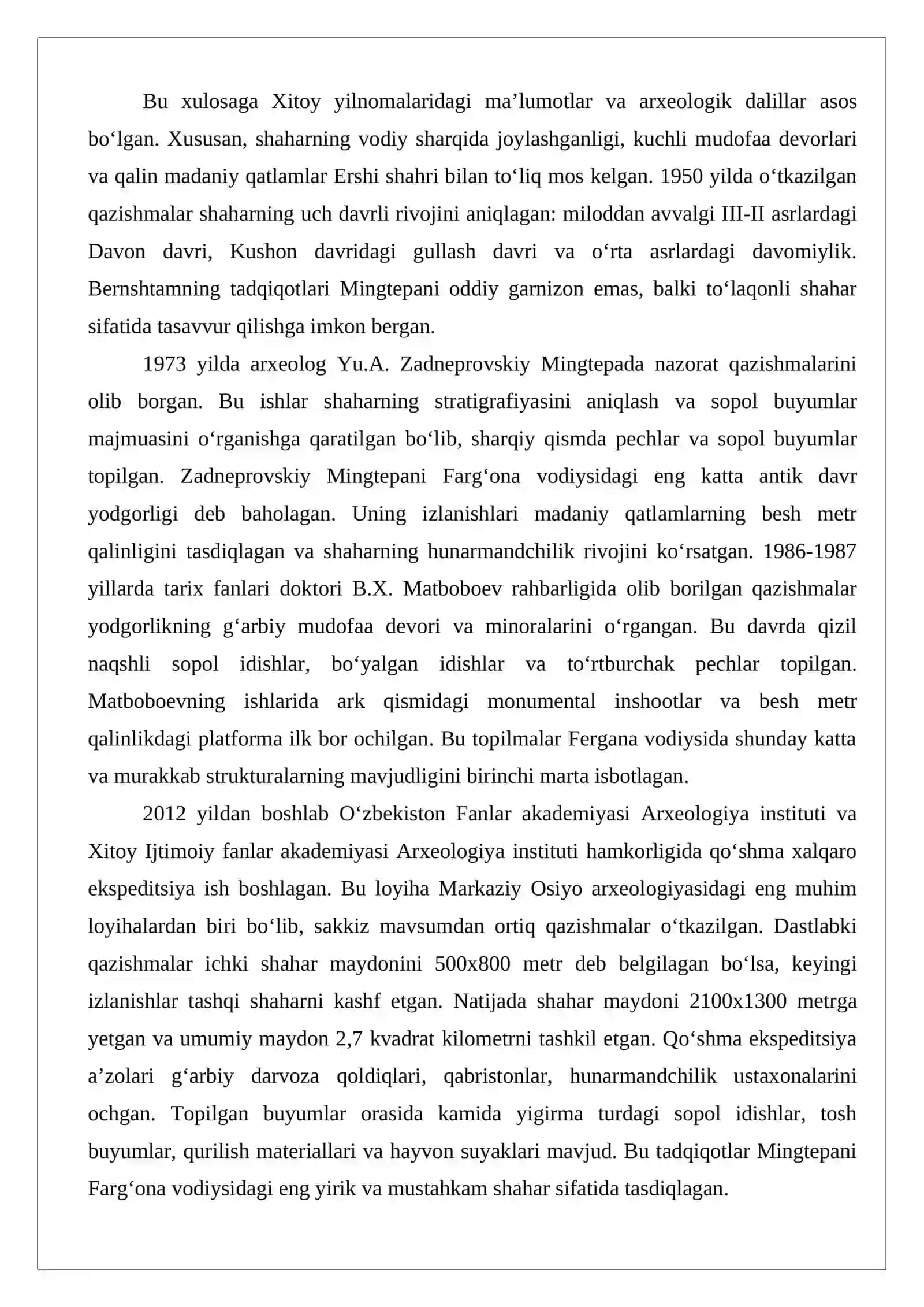 Mingtepa shahrining Farg‘ona vodiysida tutgan o‘rni va ahamiyati 4