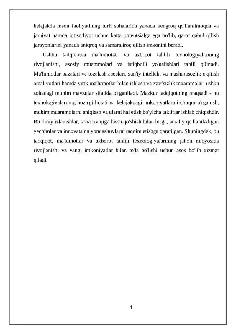 "Ma'lumotlar va axborot tahlili texnologiyalari obzor (ko'rib chiqish)" 4