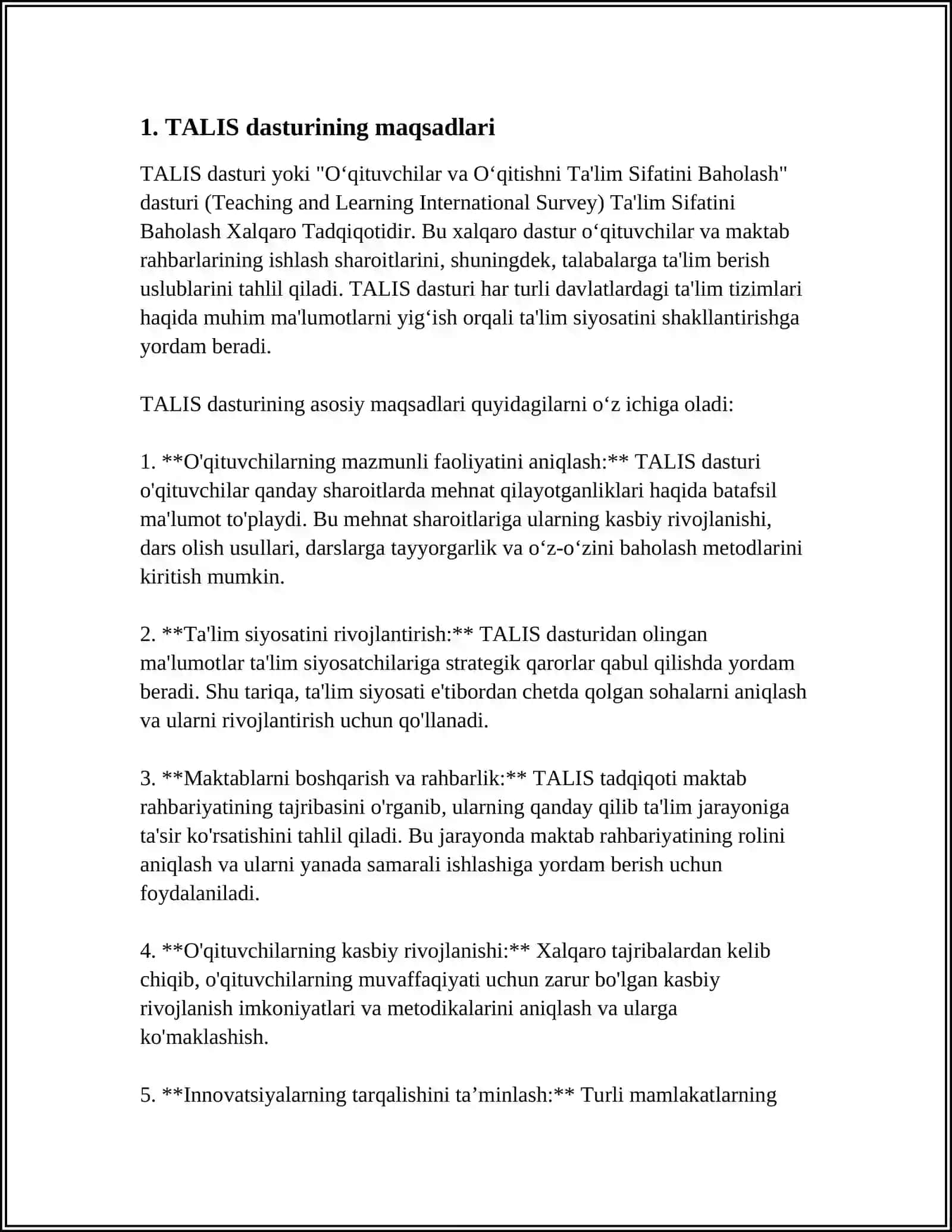 MUSTAQIL ISH Mavzu: TALIS XALQARO BAHOLASH DASTURI MAZMUNI VA MOHIYATI.EGMA XALQARO BAHOLASH DASTURI MAZMUNI VA MOHIYATI.EGRA XALQARO BAHOLASH DASTURI MAZMUNI VA MOHIYATI 4