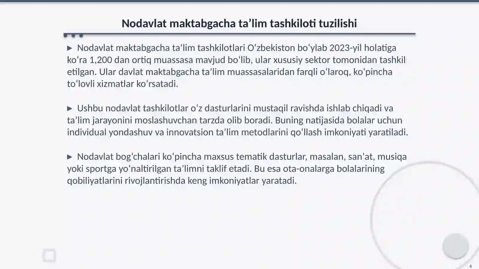 Davlat va nodavlat maktabgacha taʼlim tashkilotlarining oʻziga xos xususiyatlari 4